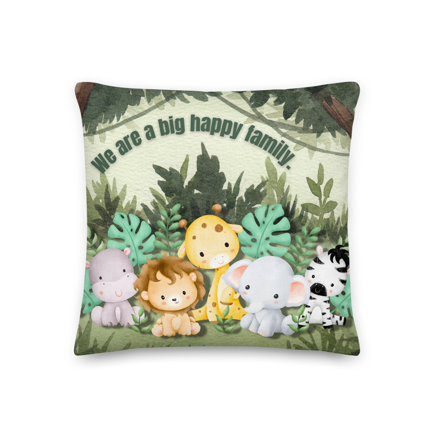 Premium Pillow | 18″×18″, 20″×12″, 22″×22″ | We are a Big Happy Family | Animal Themed