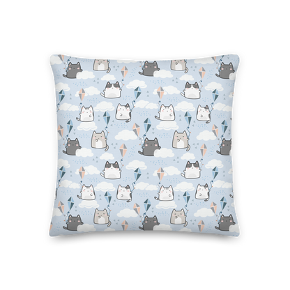 Premium Pillow | 18″×18″, 20″×12″, 22″×22″ | Cute Cat Cloud Kite Light Blue Themed