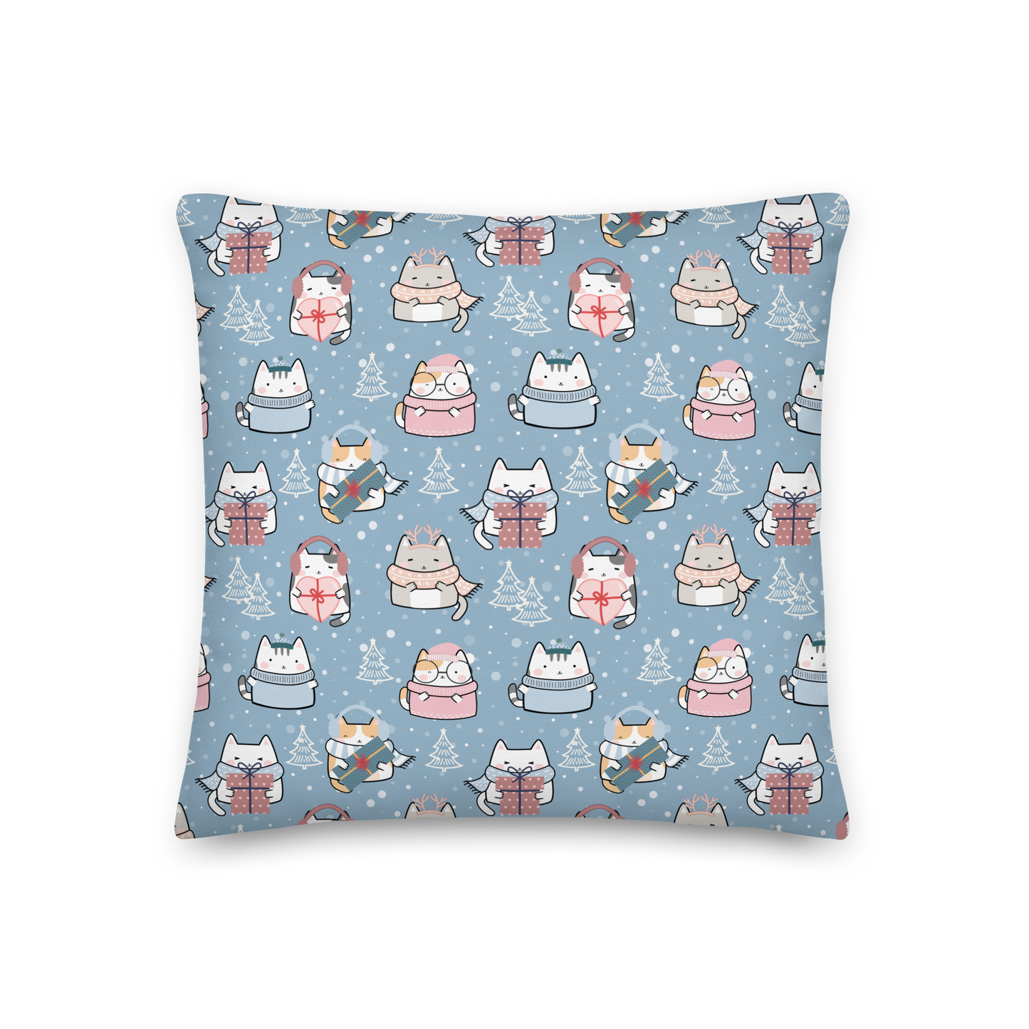 Premium Pillow | 18″×18″, 20″×12″, 22″×22″ | Blue Cute Cat Winter Themed