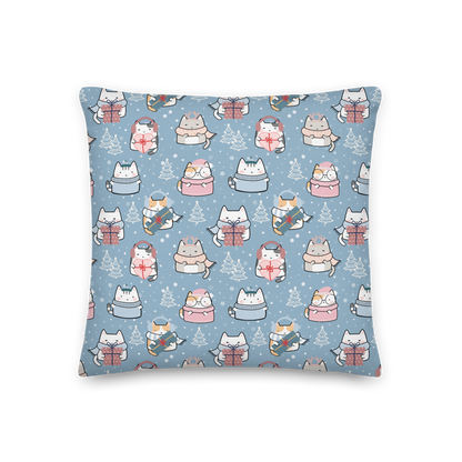 Premium Pillow | 18″×18″, 20″×12″, 22″×22″ | Blue Cute Cat Winter Themed