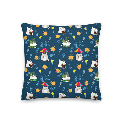 Premium Pillow | 18″×18″, 20″×12″, 22″×22″ | Dark Blue Cute Cat Summer Themed