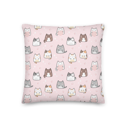 Premium Pillow | 18″×18″, 20″×12″, 22″×22″ | Cat Heart Pink Background