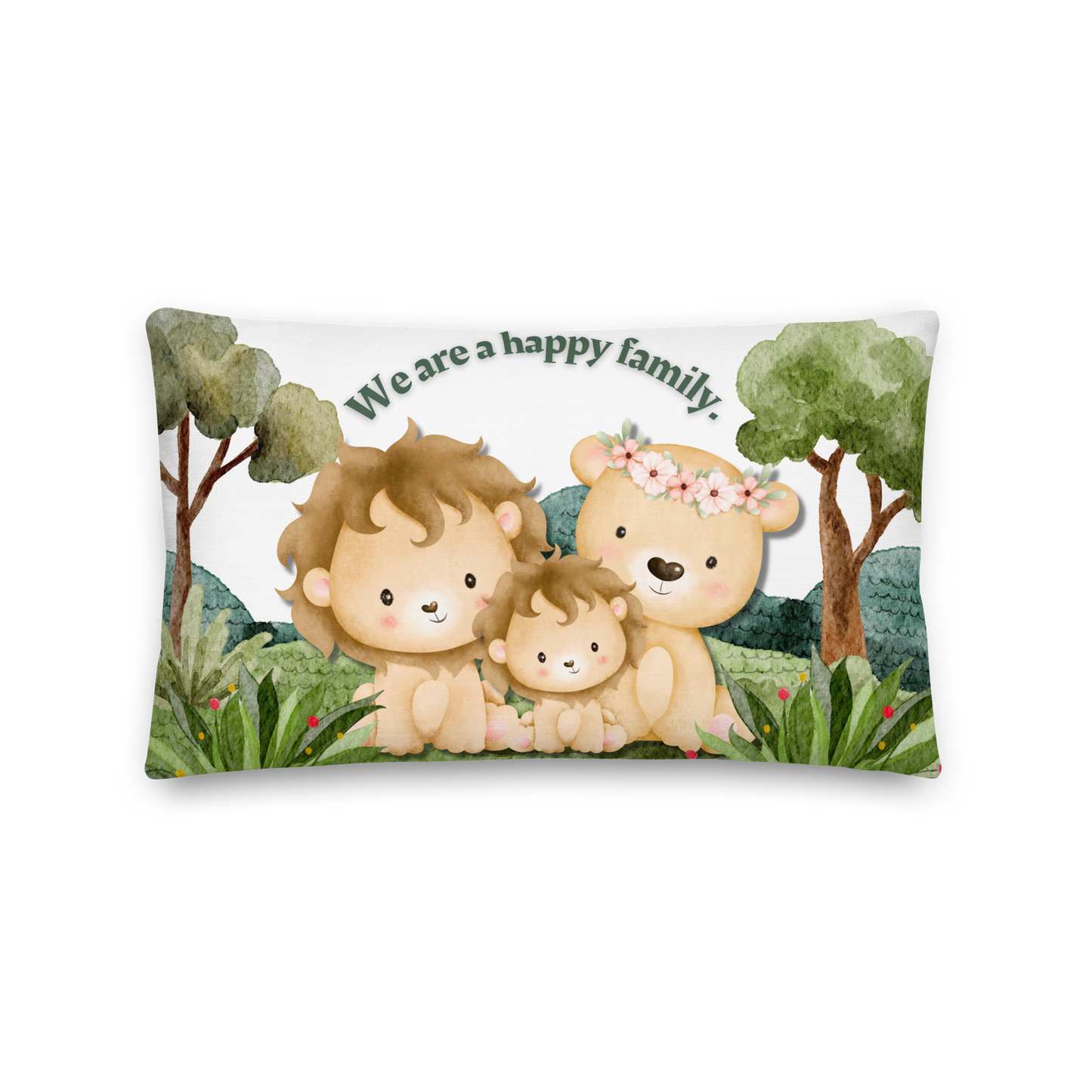 Premium Pillow | 18″×18″, 20″×12″, 22″×22″ | We are a happy family Lion | Animal Themed