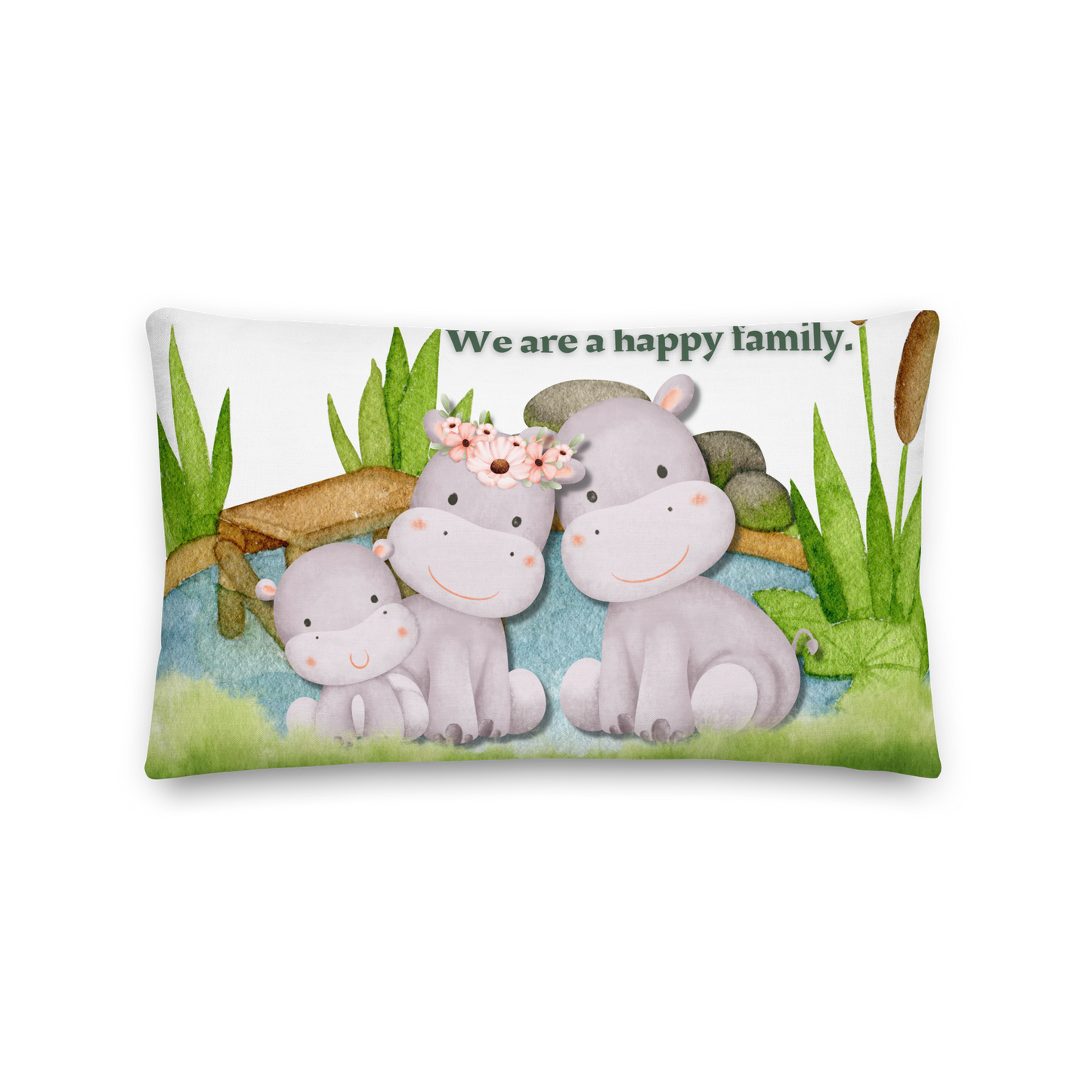Premium Pillow | 18″×18″, 20″×12″, 22″×22″ | We are a happy family Hippo | Animal Themed