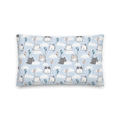 Premium Pillow | 18″×18″, 20″×12″, 22″×22″ | Cute Cat Cloud Kite Light Blue Themed