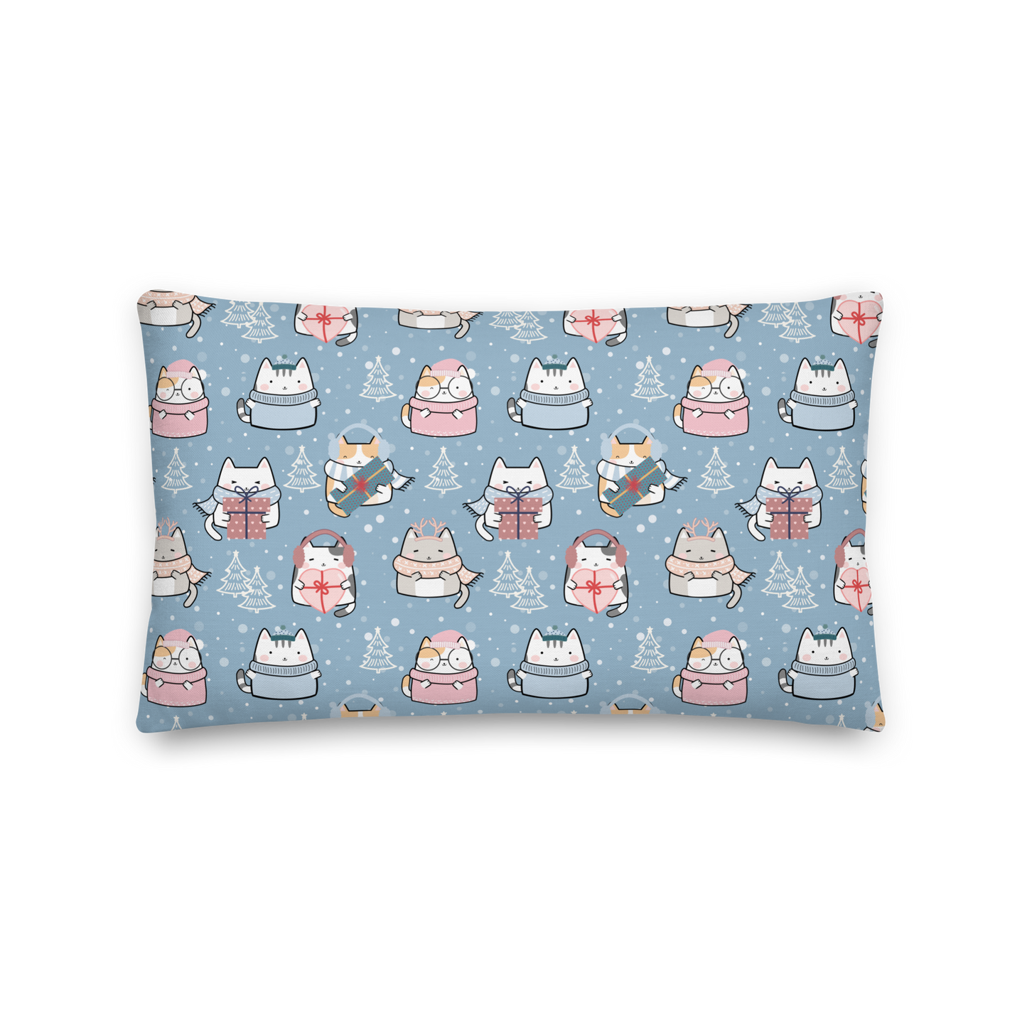 Premium Pillow | 18″×18″, 20″×12″, 22″×22″ | Blue Cute Cat Winter Themed