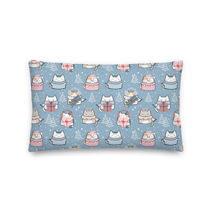 Premium Pillow | 18″×18″, 20″×12″, 22″×22″ | Blue Cute Cat Winter Themed