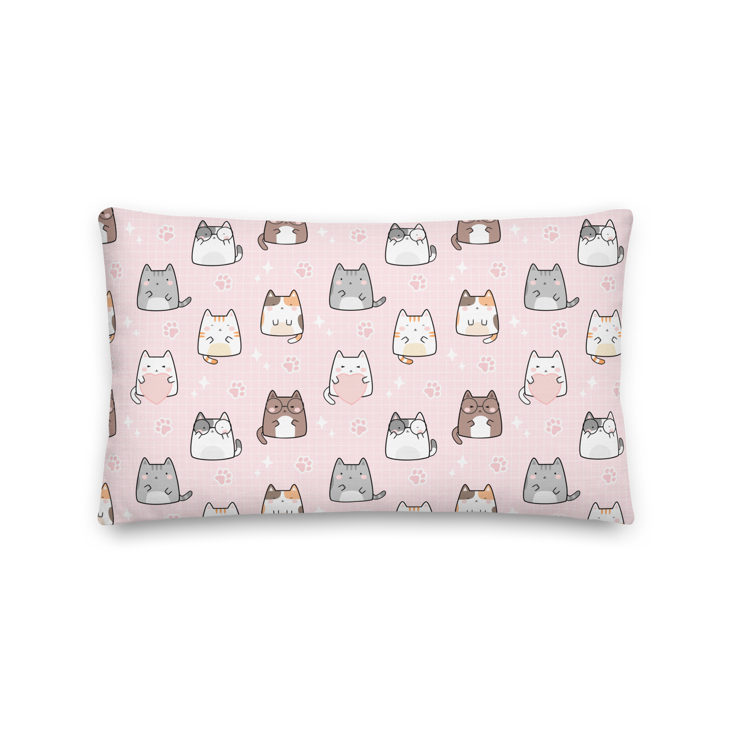 Premium Pillow | 18″×18″, 20″×12″, 22″×22″ | Cat Heart Pink Background