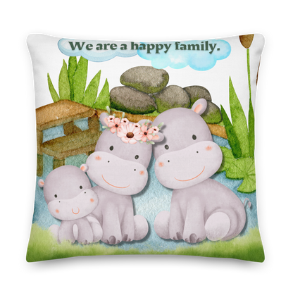 Premium Pillow | 18″×18″, 20″×12″, 22″×22″ | We are a happy family Hippo | Animal Themed
