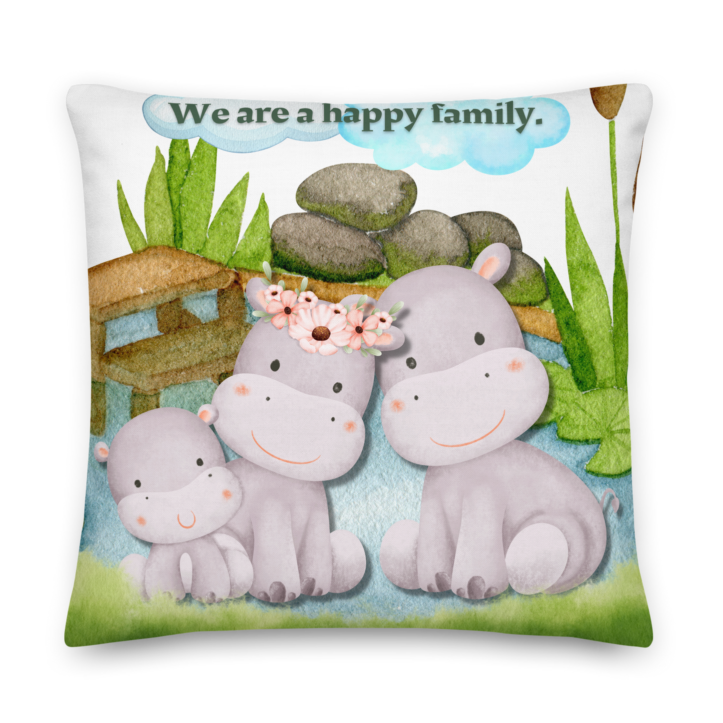 Premium Pillow | 18″×18″, 20″×12″, 22″×22″ | We are a happy family Hippo | Animal Themed