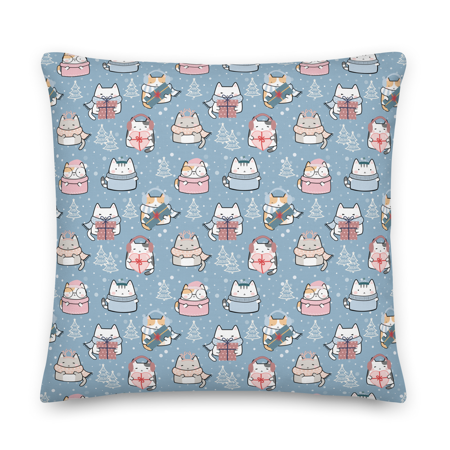 Premium Pillow | 18″×18″, 20″×12″, 22″×22″ | Blue Cute Cat Winter Themed