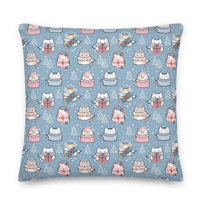 Premium Pillow | 18″×18″, 20″×12″, 22″×22″ | Blue Cute Cat Winter Themed