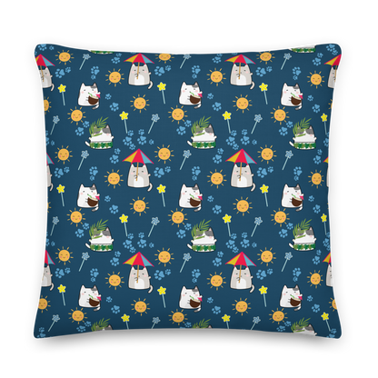 Premium Pillow | 18″×18″, 20″×12″, 22″×22″ | Dark Blue Cute Cat Summer Themed