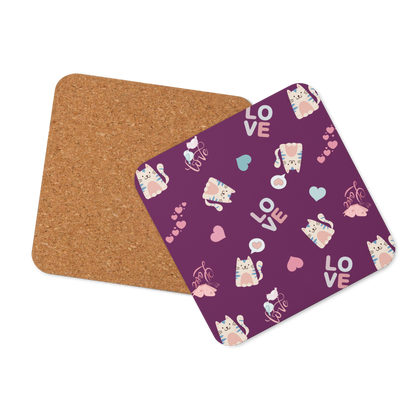 Cork-back Coaster | Adorable Cat Love Theme with Purple Background