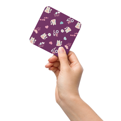 Cork-back Coaster | Adorable Cat Love Theme with Purple Background