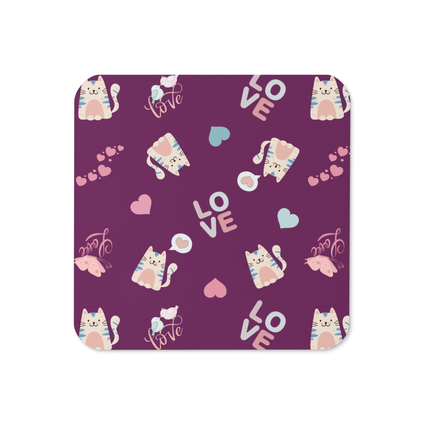 Cork-back Coaster | Adorable Cat Love Theme with Purple Background