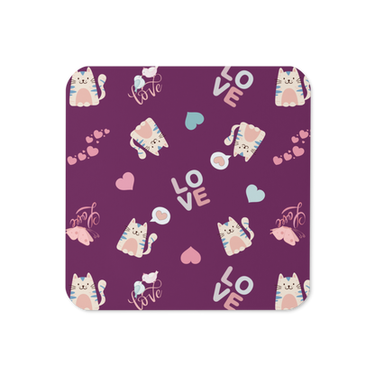 Cork-back Coaster | Adorable Cat Love Theme with Purple Background