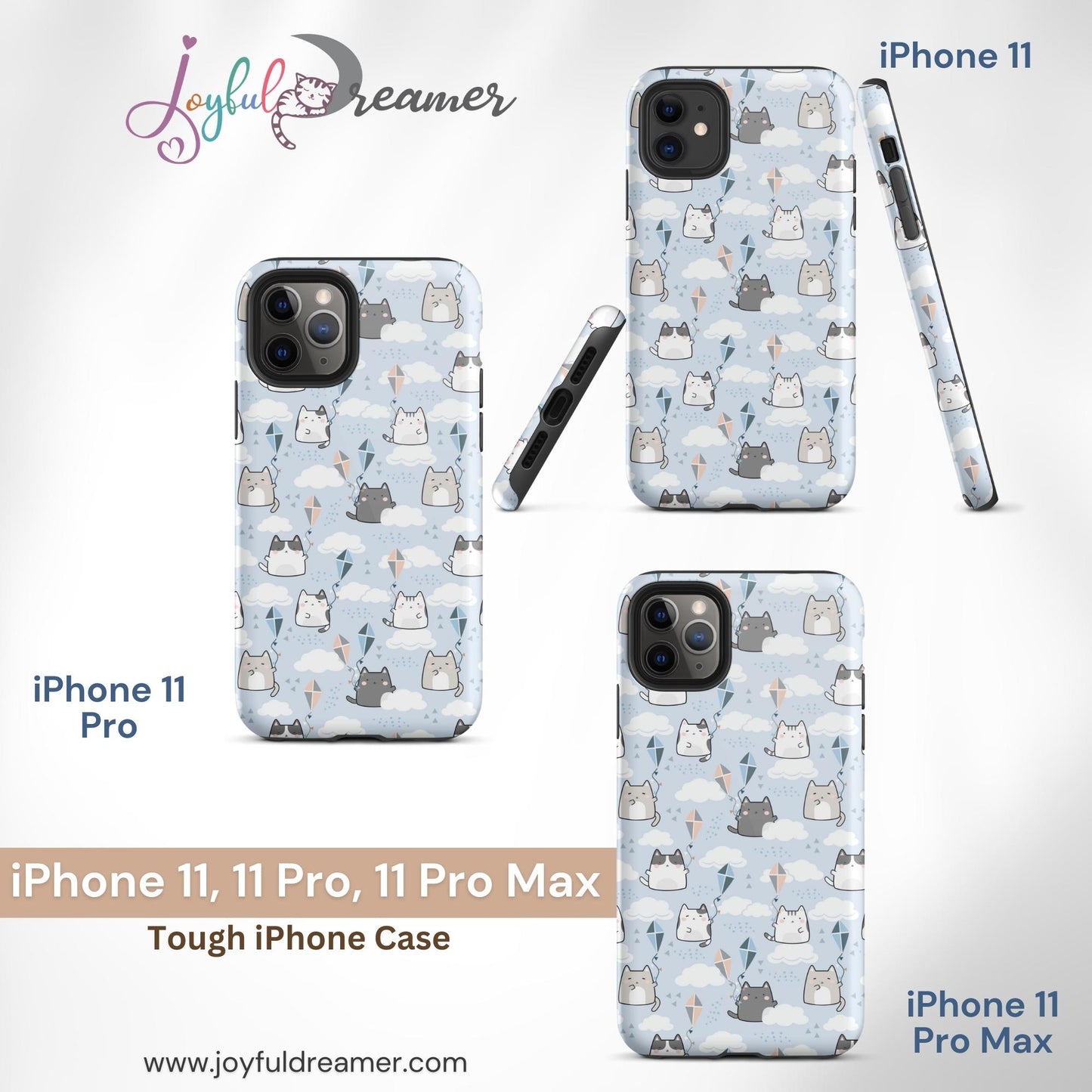 Tough case for iPhone 11, 12, 13, 14, 15, 16 Variations | Cat Cloud Kite LightBlue Background