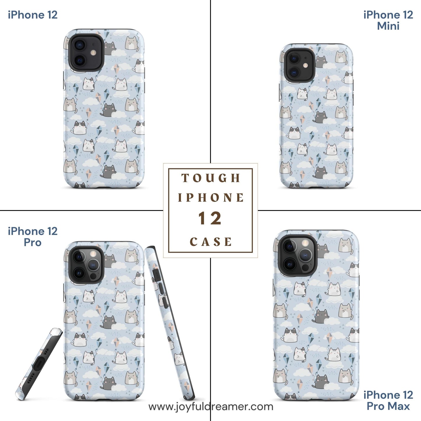 Tough case for iPhone 11, 12, 13, 14, 15, 16 Variations | Cat Cloud Kite LightBlue Background