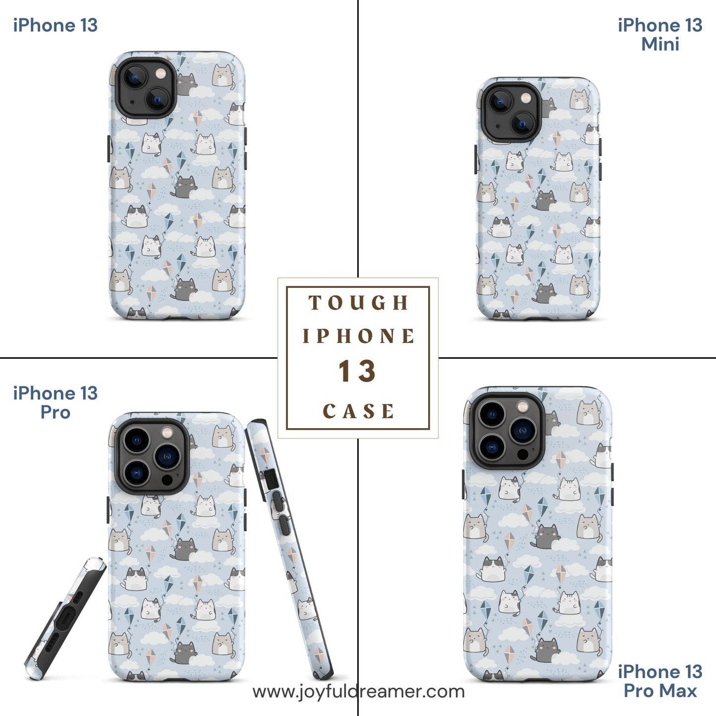 Tough case for iPhone 11, 12, 13, 14, 15, 16 Variations | Cat Cloud Kite LightBlue Background