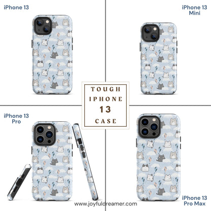 Tough case for iPhone 11, 12, 13, 14, 15, 16 Variations | Cat Cloud Kite LightBlue Background