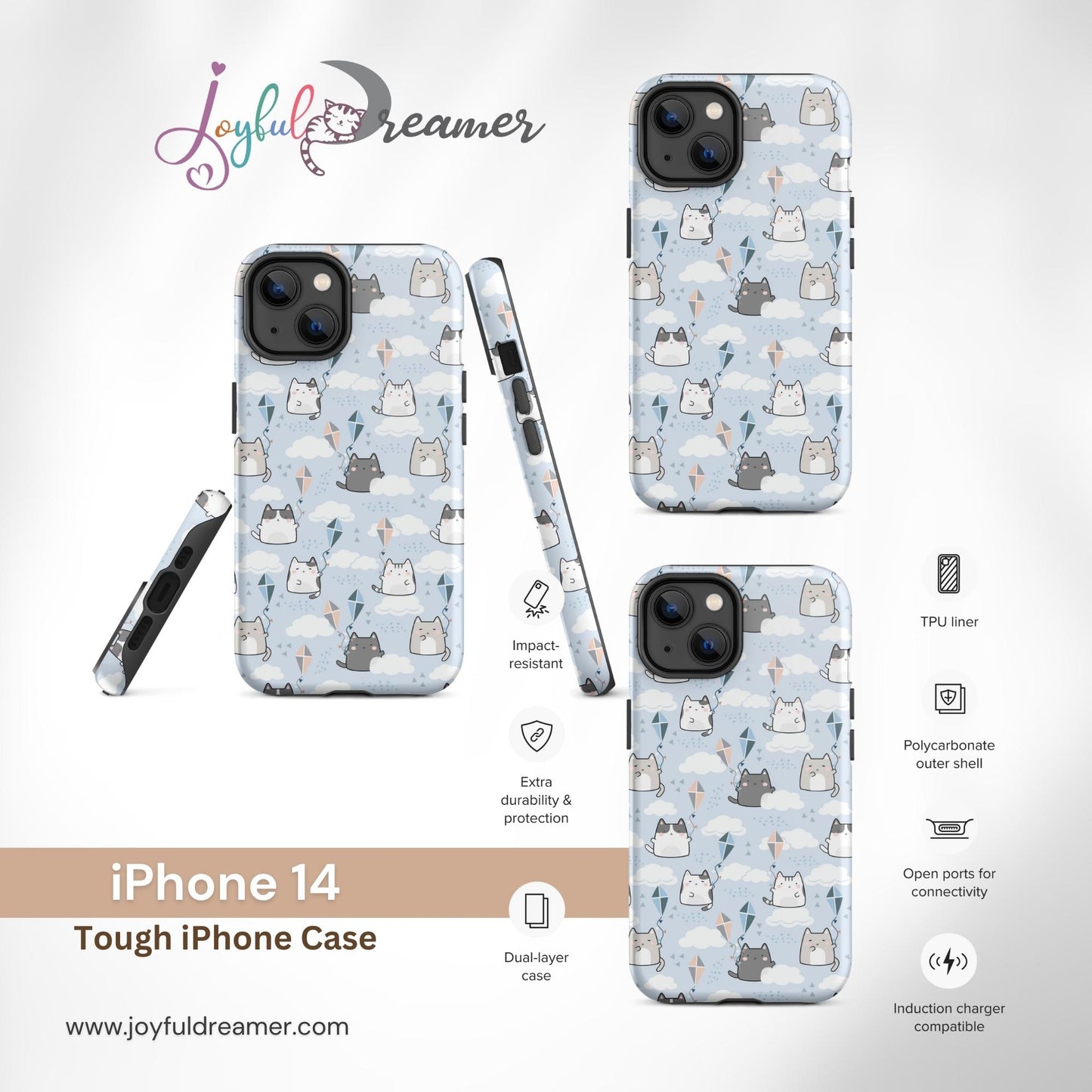 Tough case for iPhone 11, 12, 13, 14, 15, 16 Variations | Cat Cloud Kite LightBlue Background
