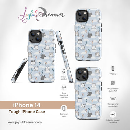Tough case for iPhone 11, 12, 13, 14, 15, 16 Variations | Cat Cloud Kite LightBlue Background