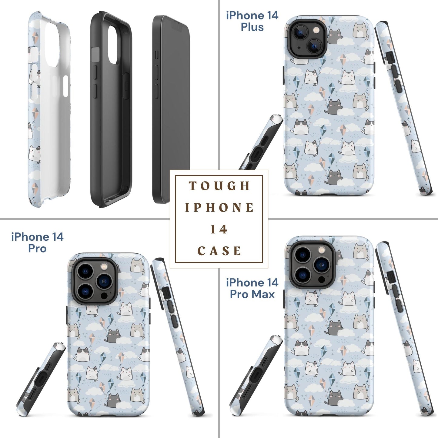Tough case for iPhone 11, 12, 13, 14, 15, 16 Variations | Cat Cloud Kite LightBlue Background