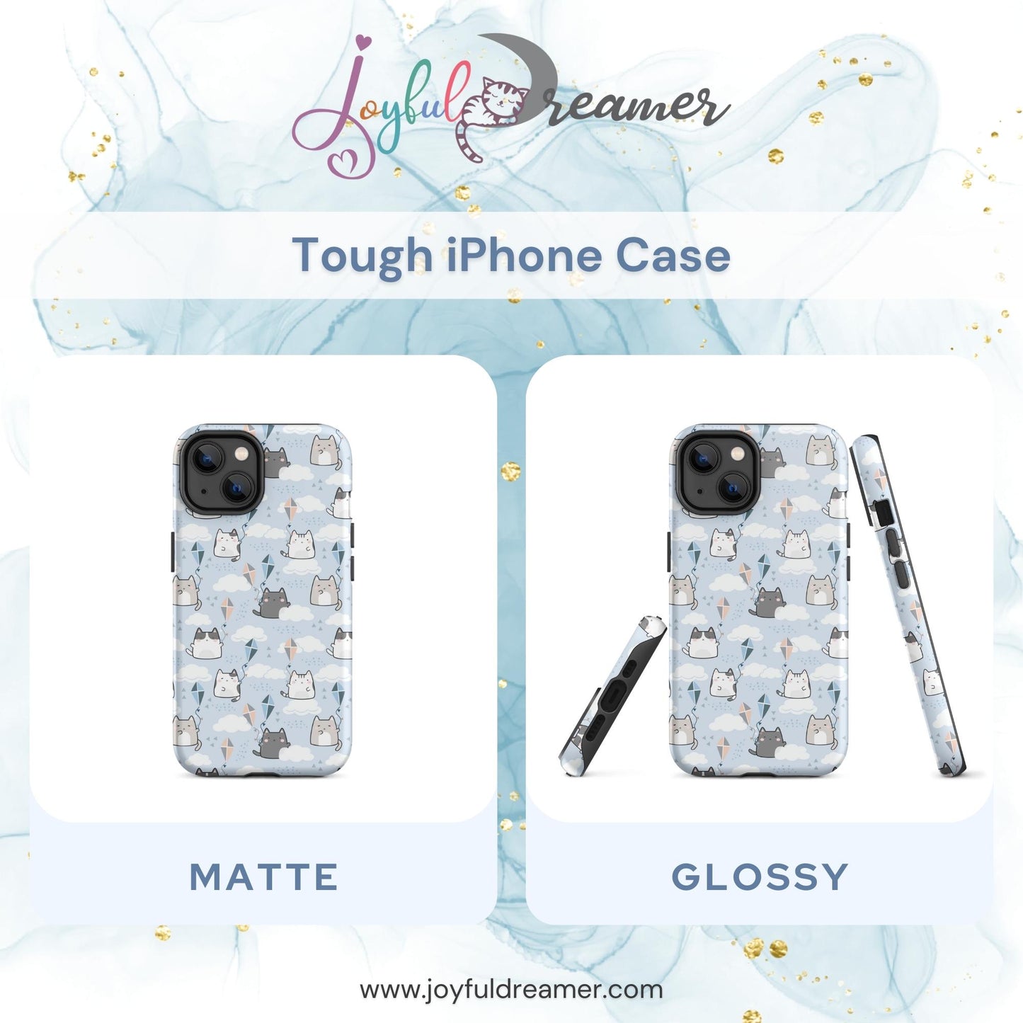 Tough case for iPhone 11, 12, 13, 14, 15, 16 Variations | Cat Cloud Kite LightBlue Background