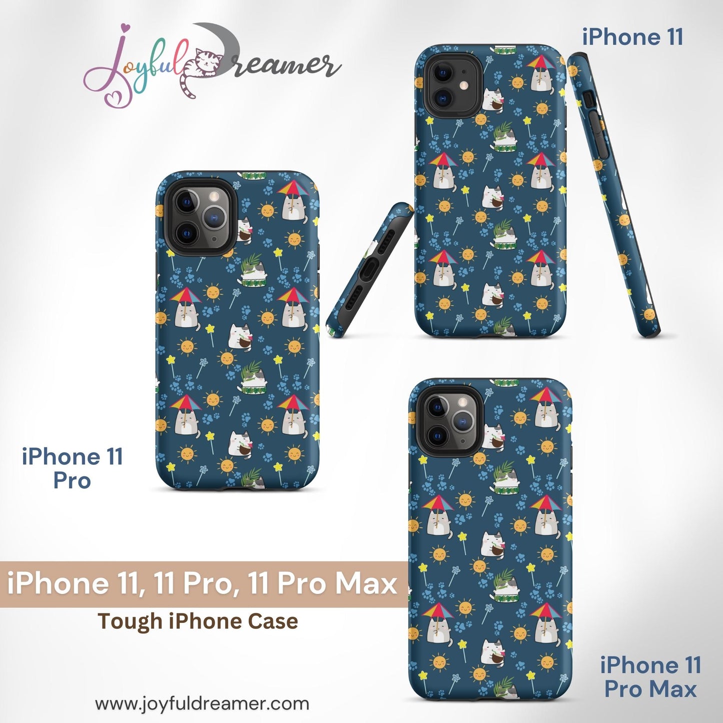 Tough case for iPhone 11, 12, 13, 14, 15, 16 Variations | Cat Summer Umbrella Blue Background