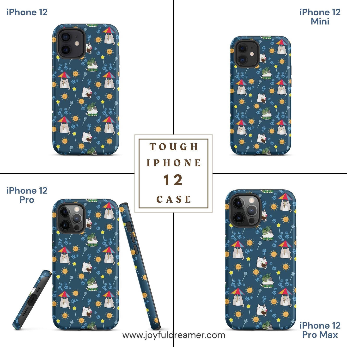 Tough case for iPhone 11, 12, 13, 14, 15, 16 Variations | Cat Summer Umbrella Blue Background