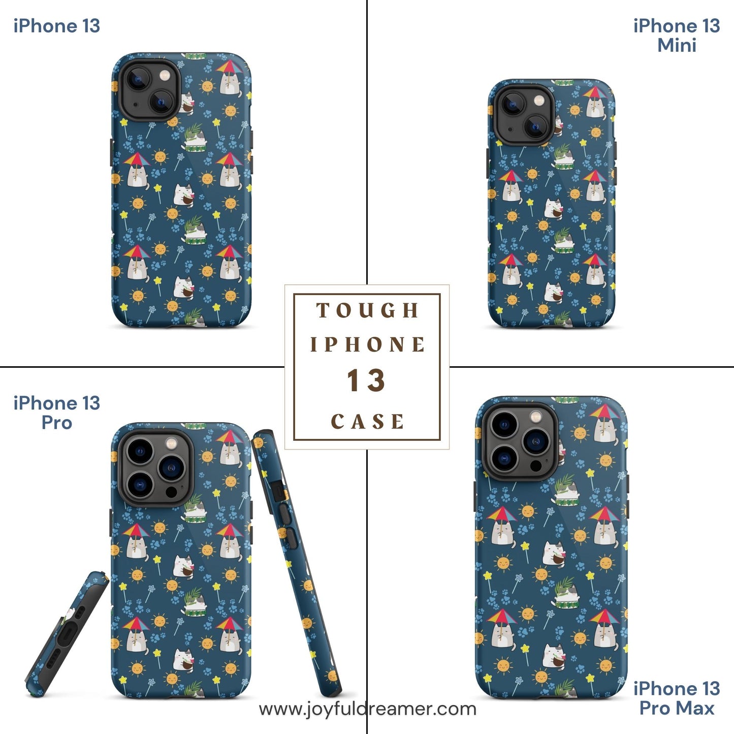 Tough case for iPhone 11, 12, 13, 14, 15, 16 Variations | Cat Summer Umbrella Blue Background