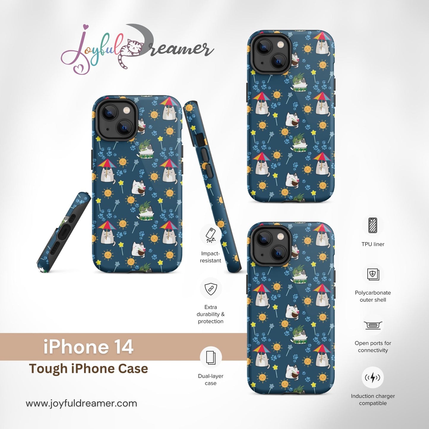 Tough case for iPhone 11, 12, 13, 14, 15, 16 Variations | Cat Summer Umbrella Blue Background