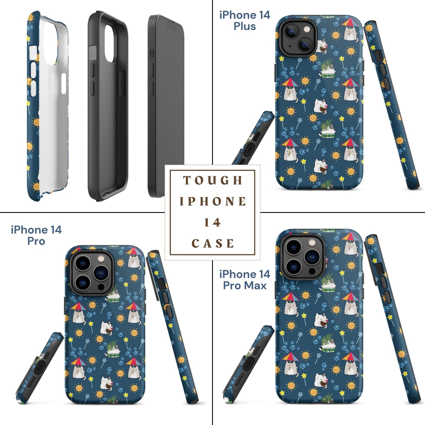 Tough case for iPhone 11, 12, 13, 14, 15, 16 Variations | Cat Summer Umbrella Blue Background