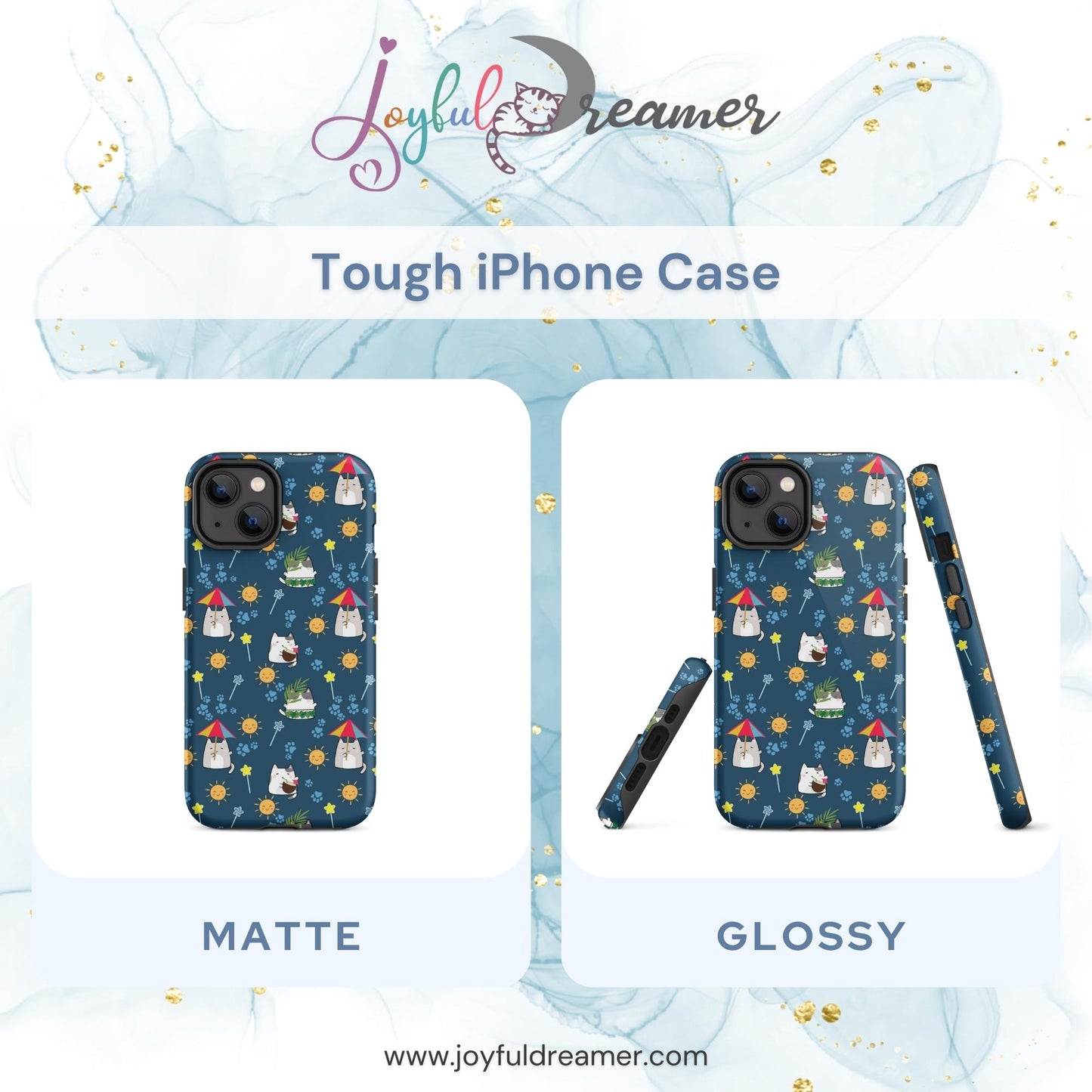 Tough case for iPhone 11, 12, 13, 14, 15, 16 Variations | Cat Summer Umbrella Blue Background