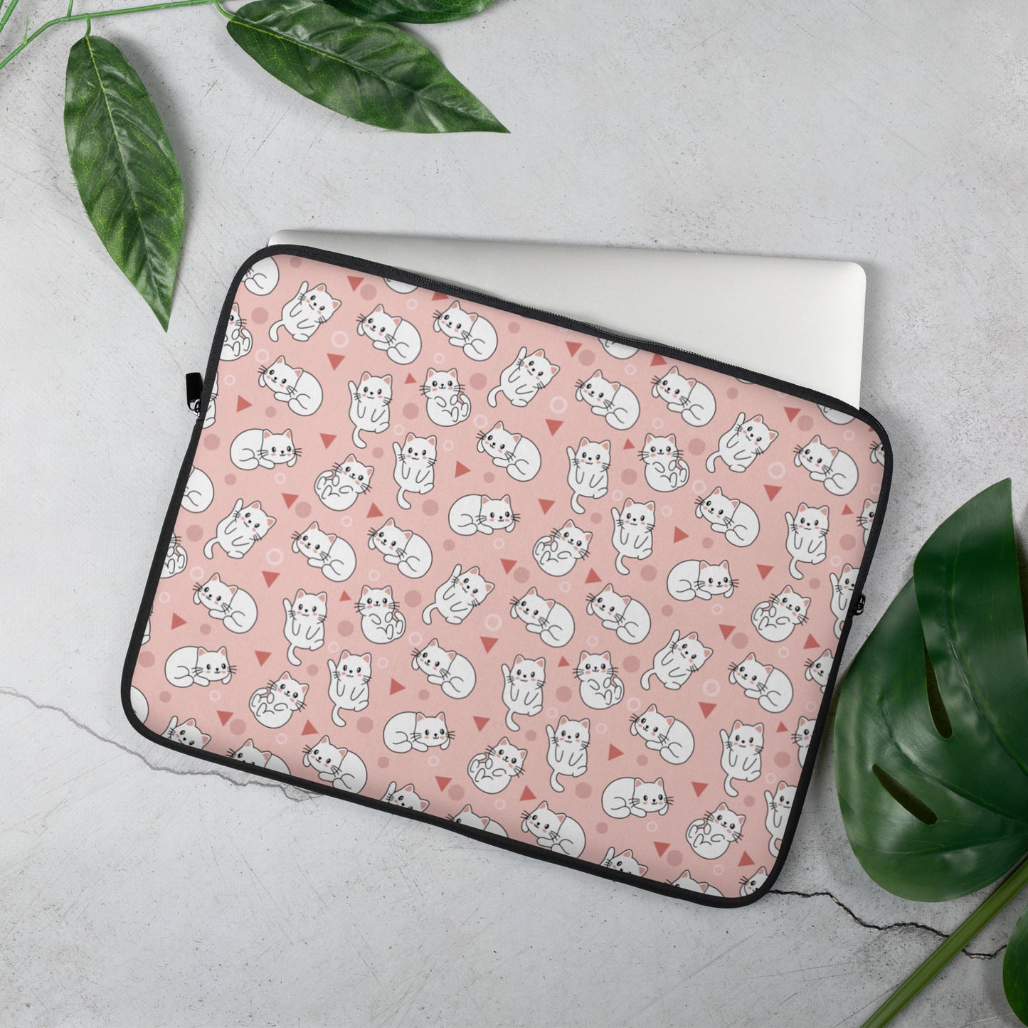 Laptop Sleeve 13" or 15" | Cute White Cat Theme with Pink Background