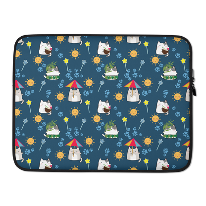 Laptop Sleeve 13" or 15" | Dark Blue Cute Summer Cat Themed