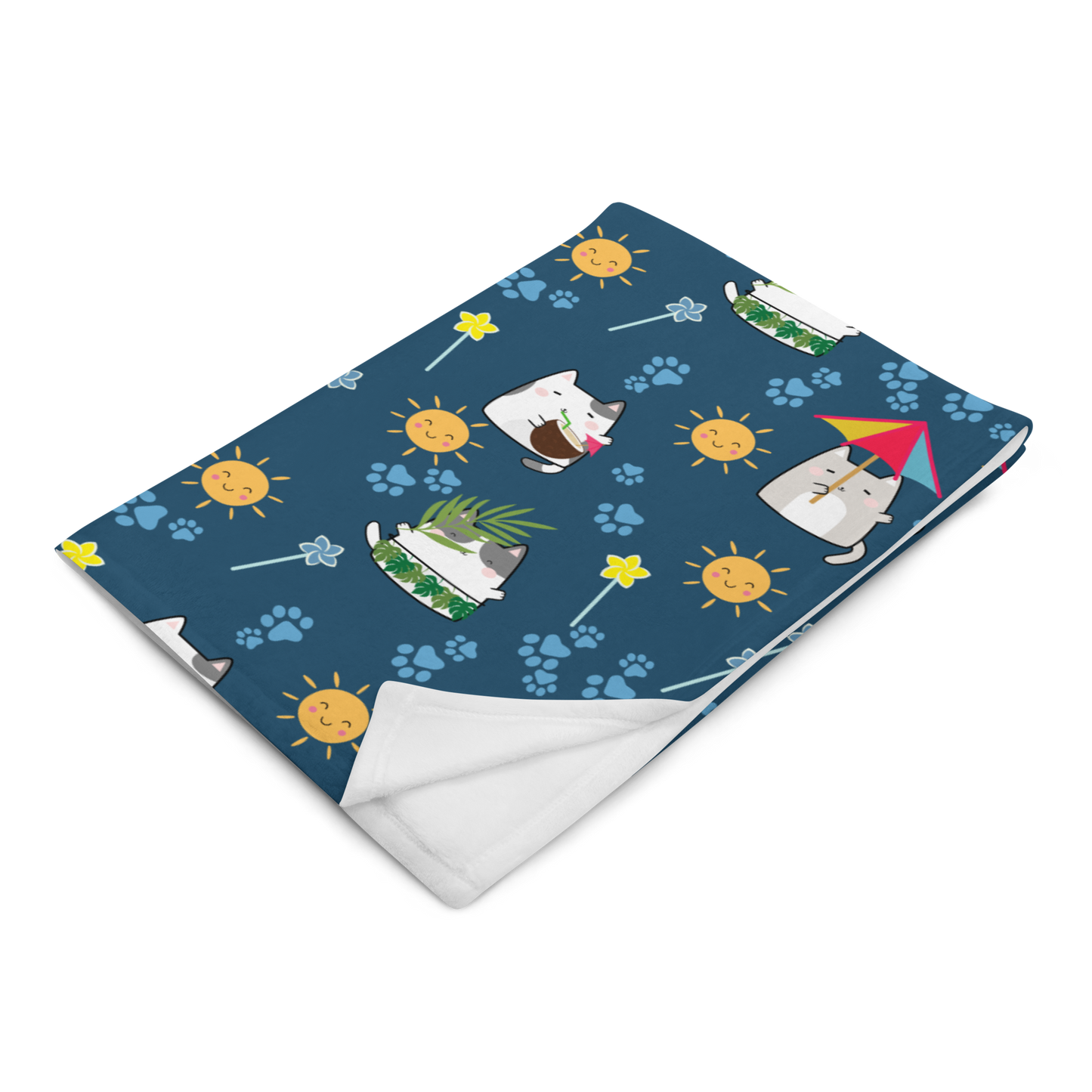 Throw Blanket | Cute Summer Cat Themed with Dark Blue Background