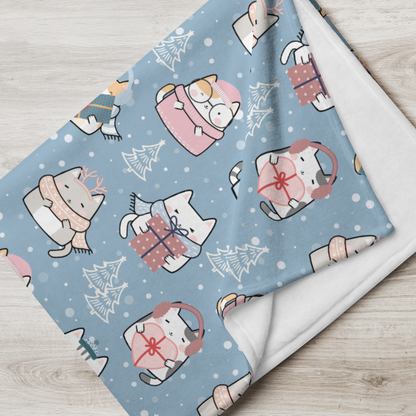 Throw Blanket | Cute Cat Winter Themed with Blue Background