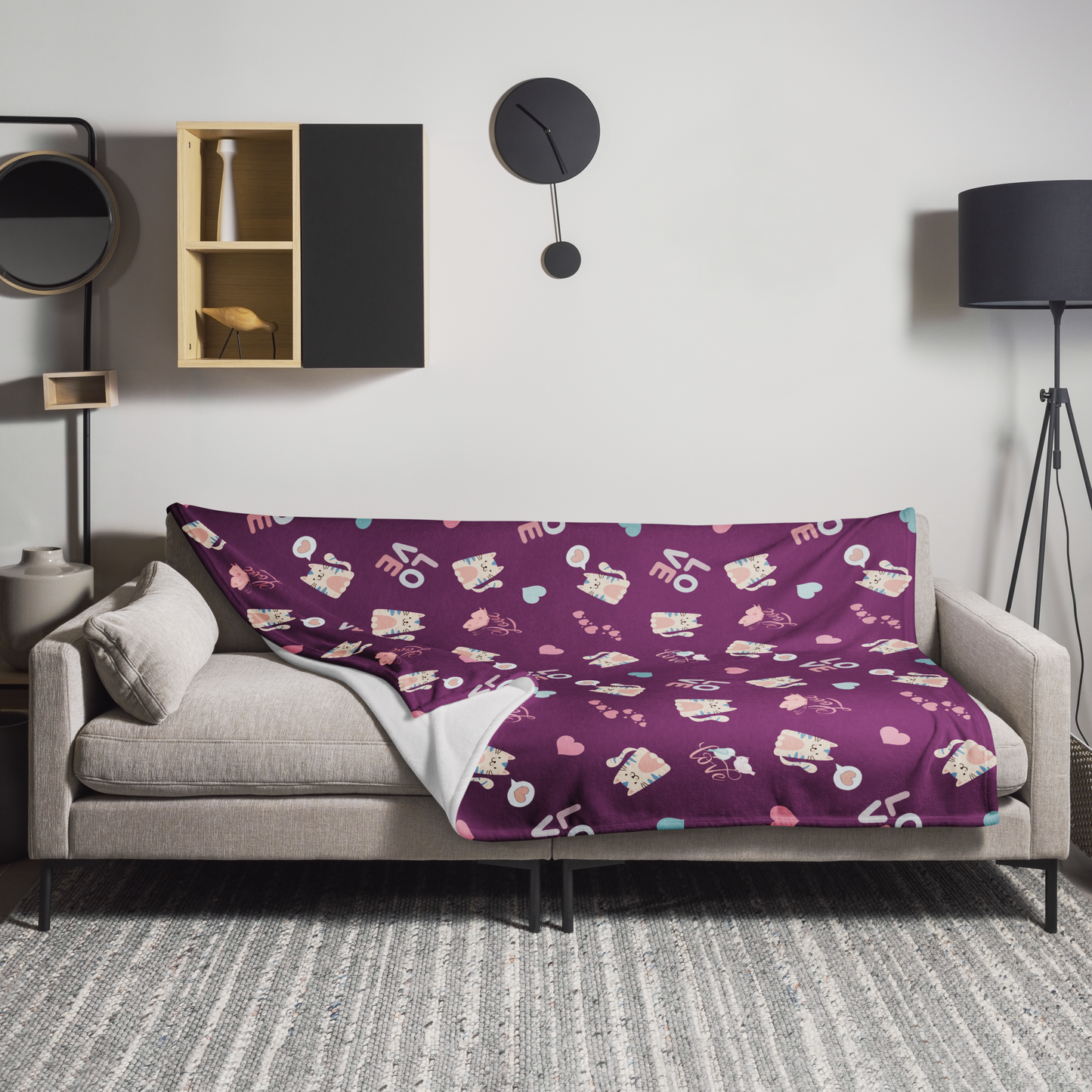 Throw Blanket | Adorable Cat Love Themed with Purple Background