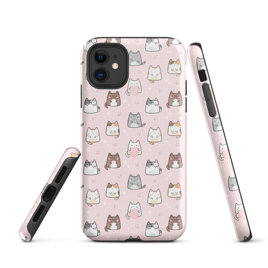 Tough case for iPhone 11, 12, 13, 14, 15, 16 Variations | Cute Cat with Heart Pink Background