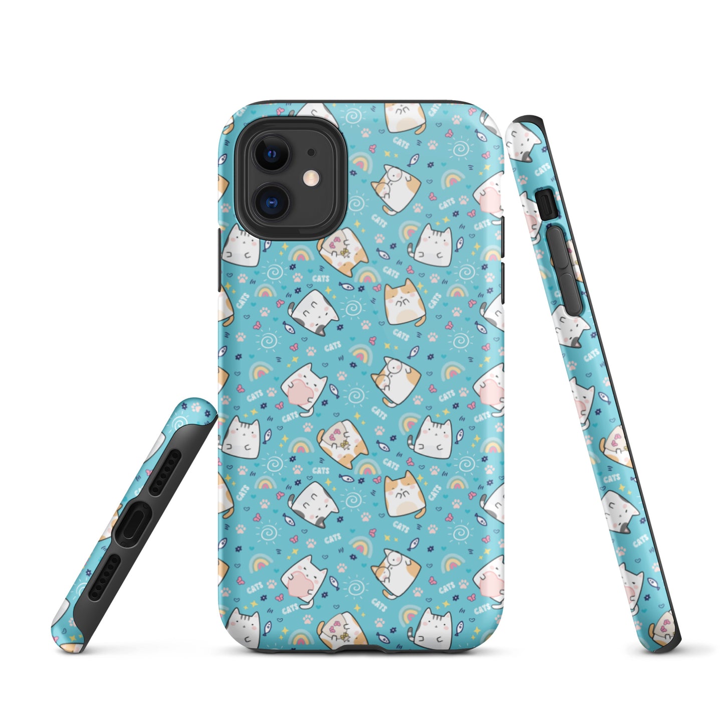 Tough case for iPhone 11, 12, 13, 14, 15, 16 Variations | Cute Cat with Heart Blue Background