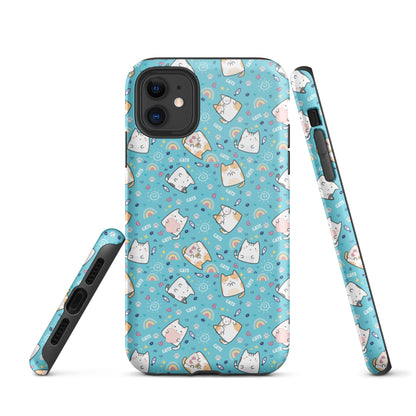 Tough case for iPhone 11, 12, 13, 14, 15, 16 Variations | Cute Cat with Heart Blue Background