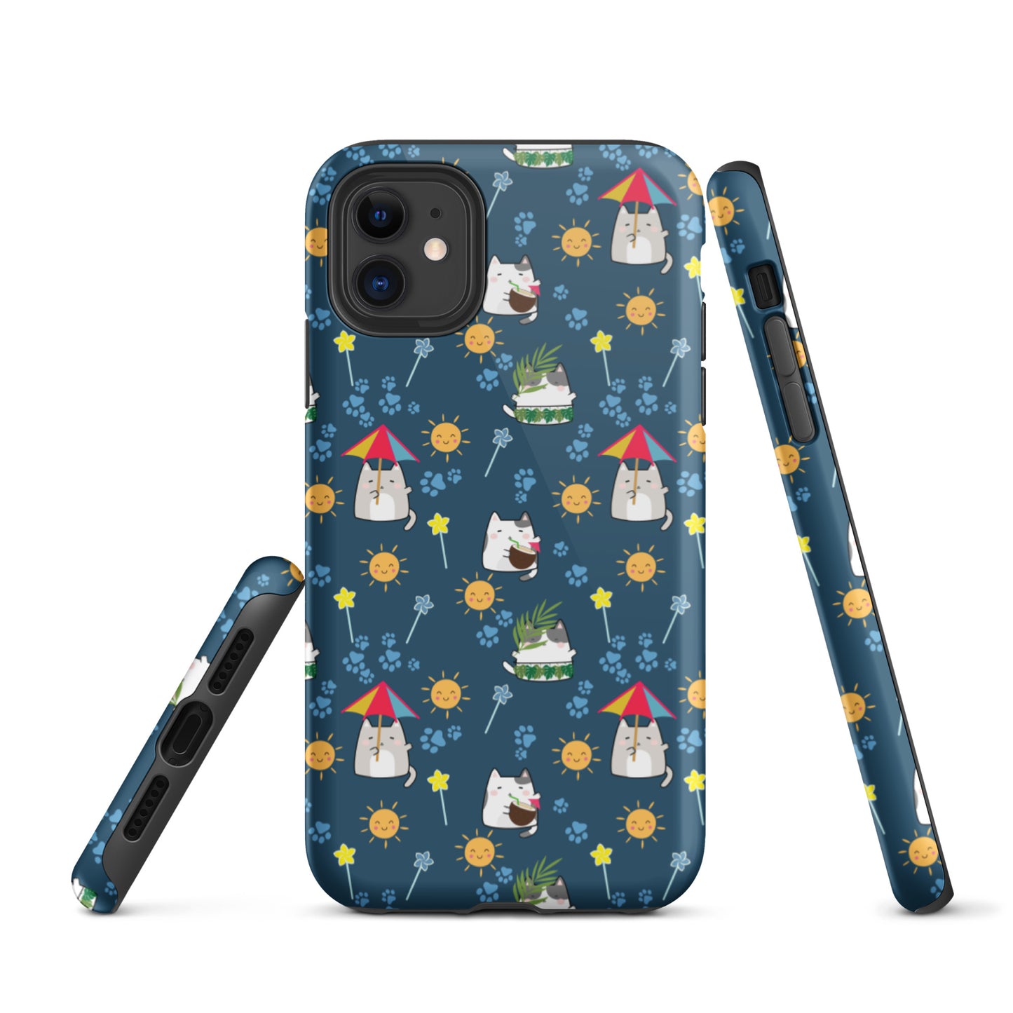 Tough case for iPhone 11, 12, 13, 14, 15, 16 Variations | Cat Summer Umbrella Blue Background