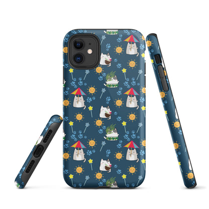 Tough case for iPhone 11, 12, 13, 14, 15, 16 Variations | Cat Summer Umbrella Blue Background