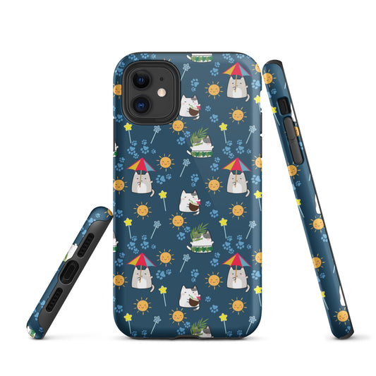 Tough case for iPhone 11, 12, 13, 14, 15, 16 Variations | Cat Summer Umbrella Blue Background