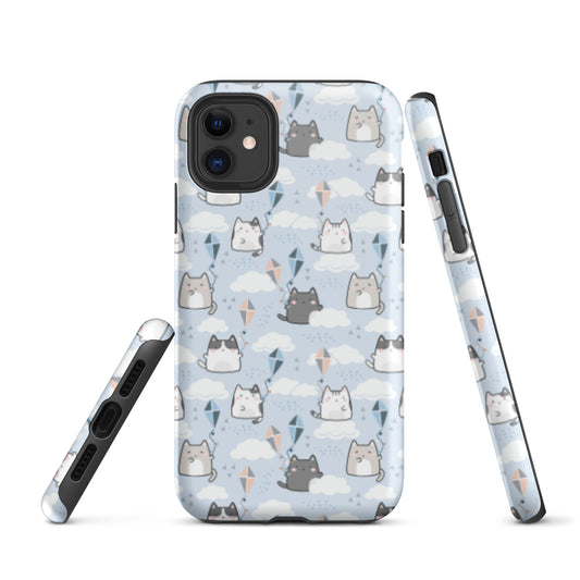 Tough case for iPhone 11, 12, 13, 14, 15, 16 Variations | Cat Cloud Kite LightBlue Background