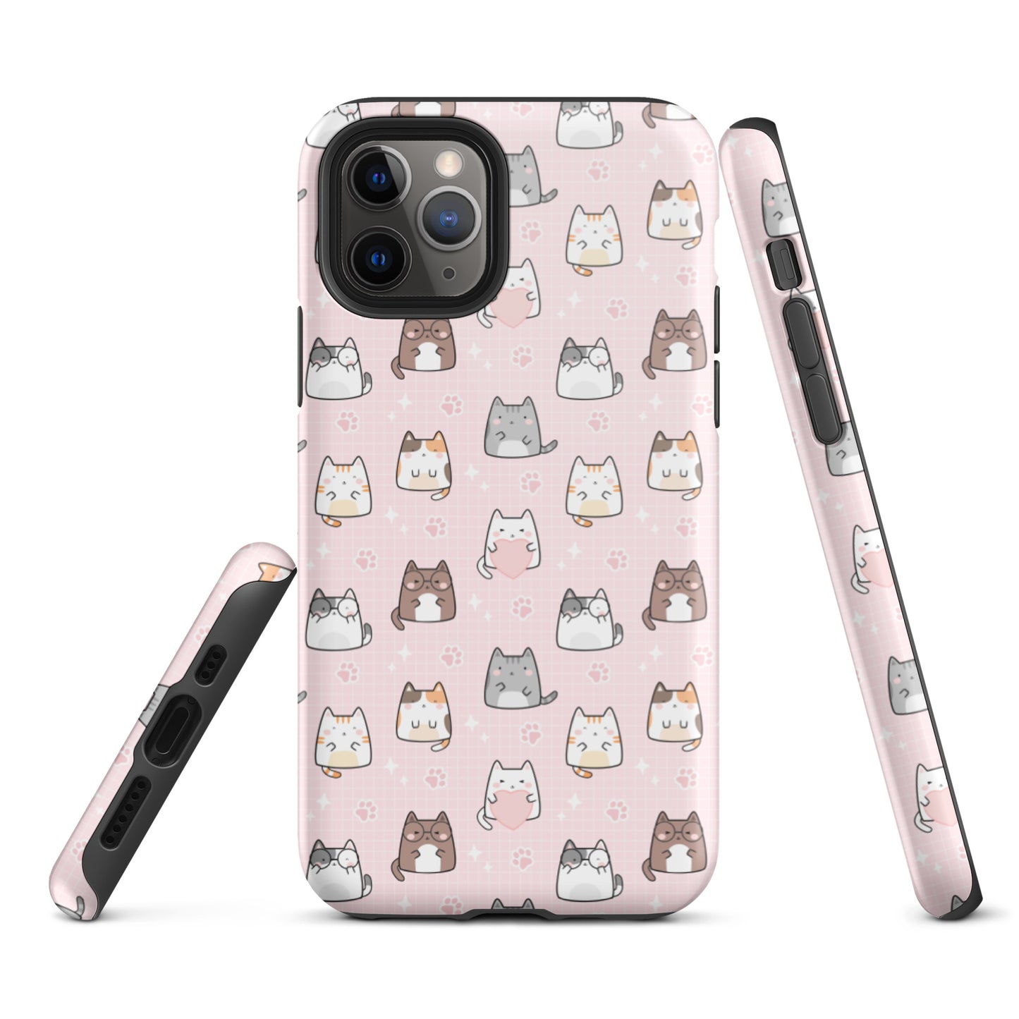 Tough case for iPhone 11, 12, 13, 14, 15 Variations | Cute Cat with Heart Pink Background