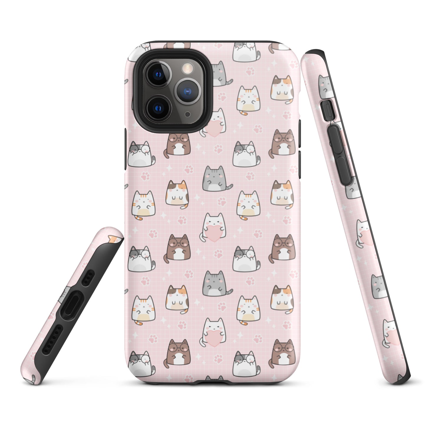 Tough case for iPhone 11, 12, 13, 14, 15, 16 Variations | Cute Cat with Heart Pink Background