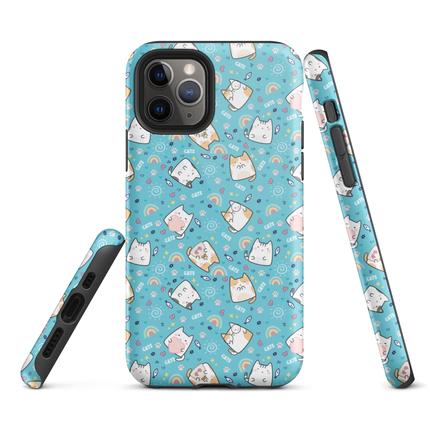 Tough case for iPhone 11, 12, 13, 14, 15, 16 Variations | Cute Cat with Heart Blue Background